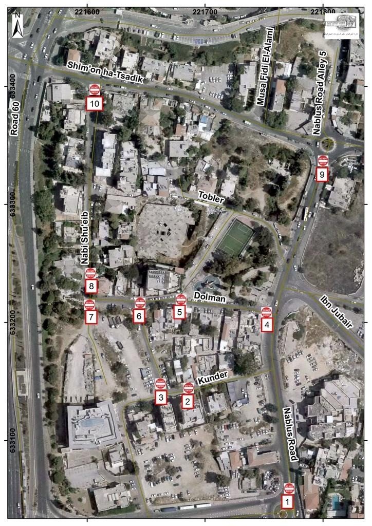 The locations of the 10 internal checkpoints in Sheikh Jarrah, February to March 2022