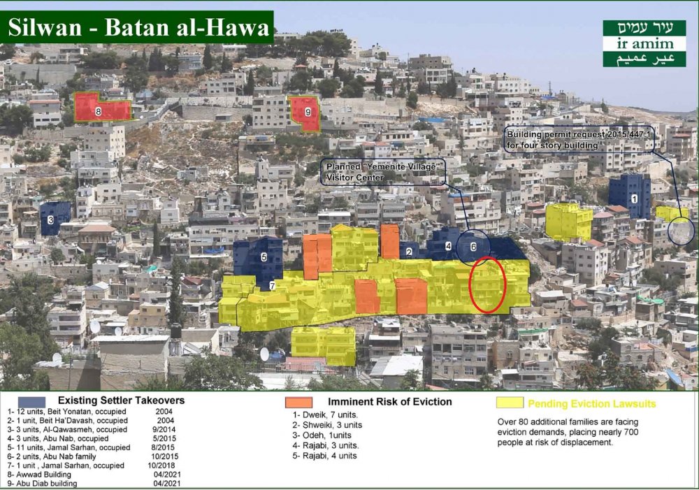 Map of Palestinian homes in Batn al-Hawa, Silwan targeted by Jewish settlers for takeover