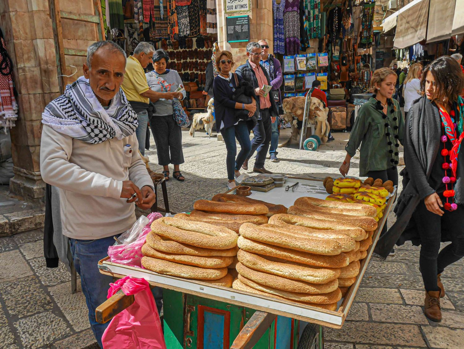 Ka'ek bread made in Jerusalem bakeries is sold in Old City streets