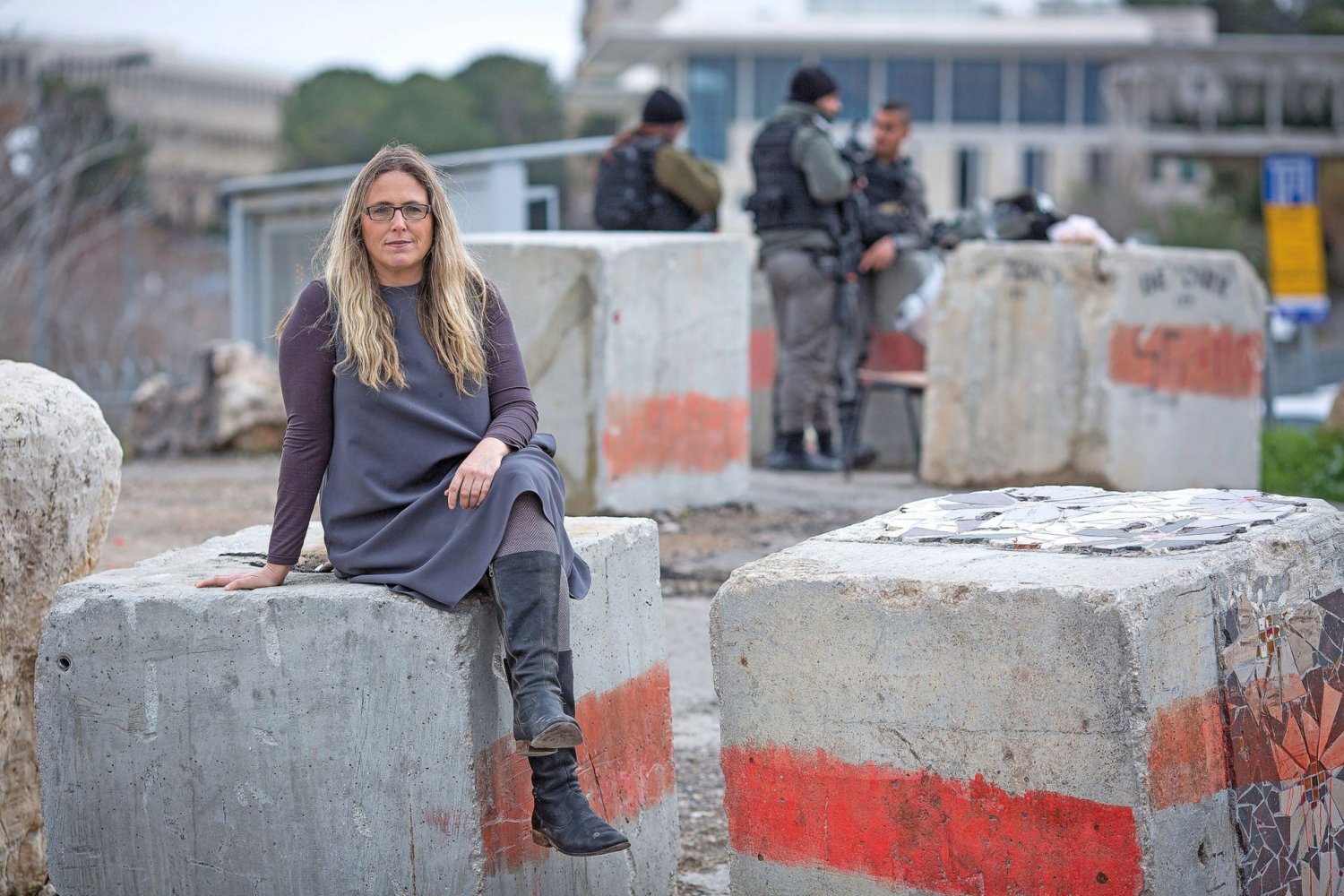 Yael Berda at a checkpoint outside Hebrew University that blocks access to the Palestinian neighborhood of al-‘Isawiyya.