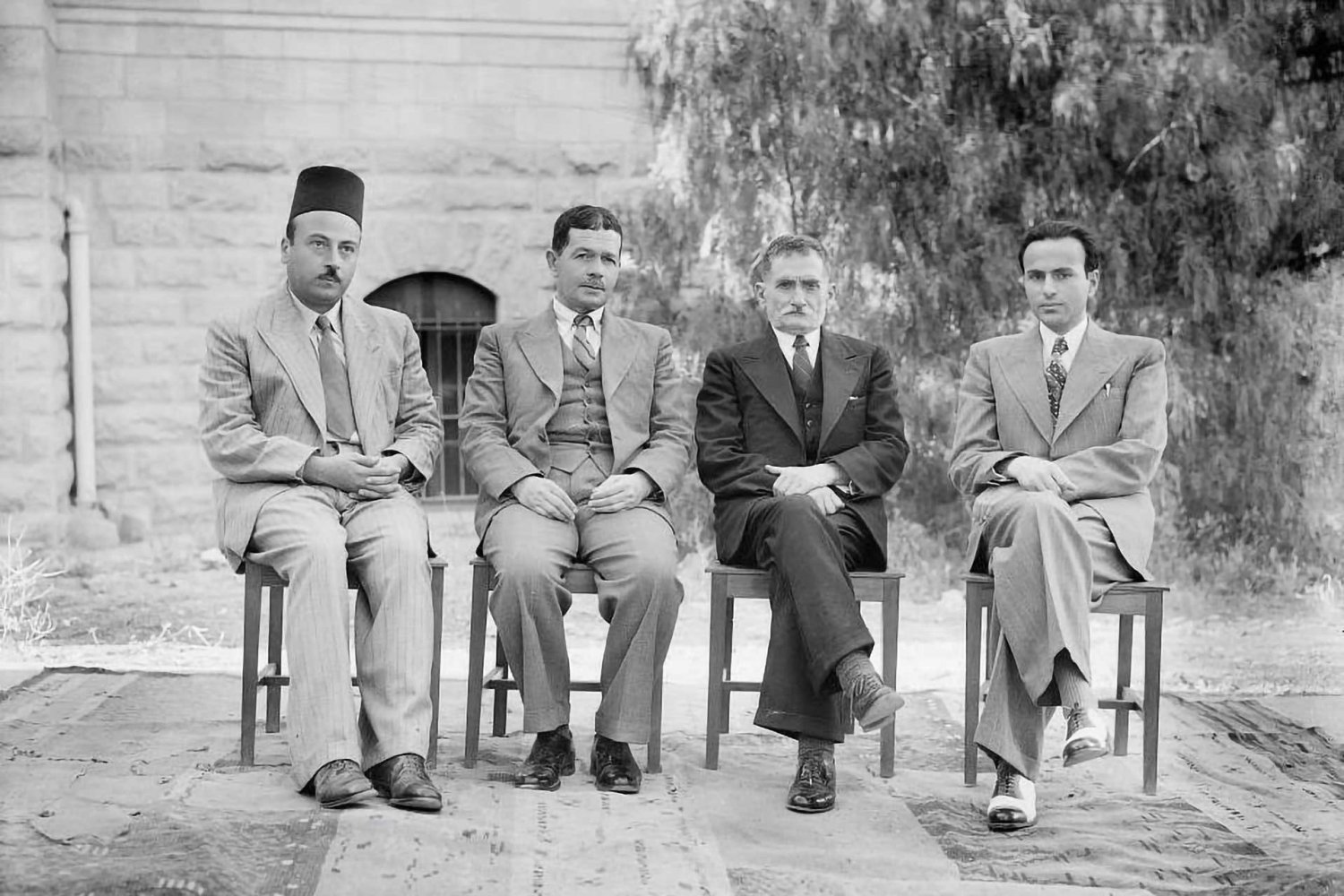 Omar al-Barghouti, Adel Jabre, Khalil Beidas, and Yousef Haikal, commentators on the Palestine Broadcasting Service in Jerusalem, ca. 1938.