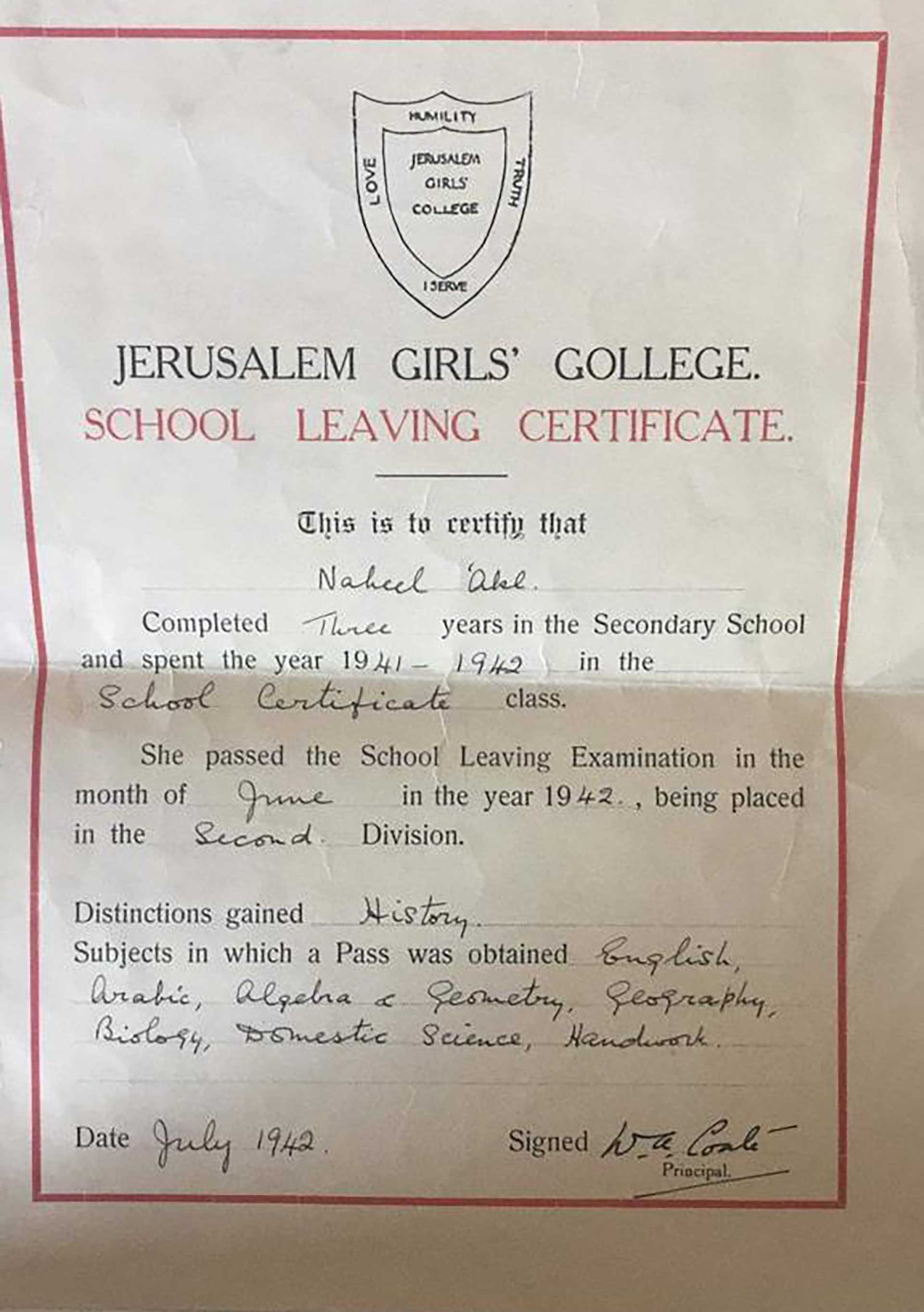Nahil Bishara certificate from Schmidt School, Jerusalem, 1942