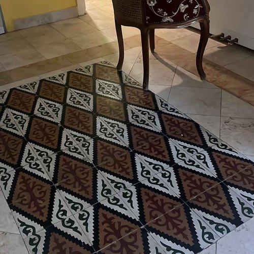 Italian floor tiles from the home in Qatamon that her father built before it was seized by Israel; Imam managed to recover them from that house in West Jerusalem and now enjoys them in her own home in Sheikh Jarrah.