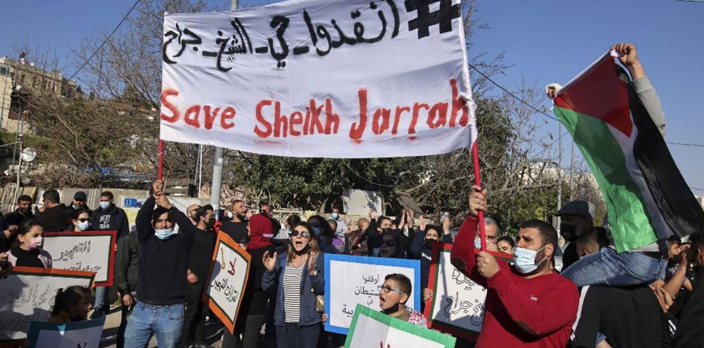 Protesters demonstrate the threatened expulsion of Palestinians in Sheikh Jarrah, East Jerusalem
