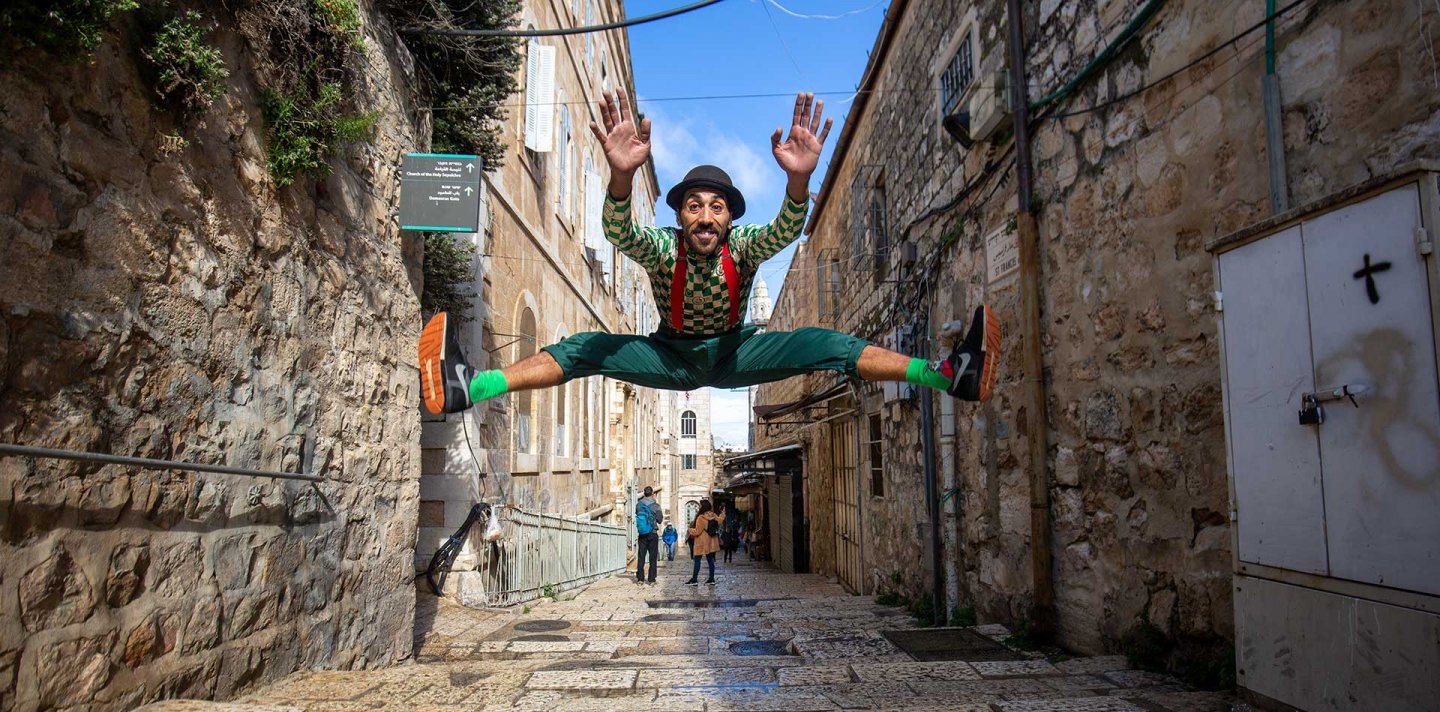 Palestinian Jerusalemite street circus artist, Ahmad Ju‘beh, in the Old City of Jerusalem, March, 2023