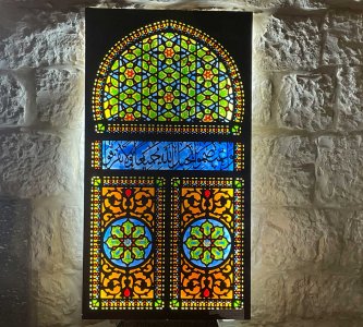 Window engineered and crafted in arabesque design by Azzam Abu Saud replicates the design of al-Aqsa Mosque windows.