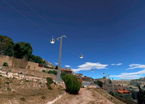 Simulation of the planned cable car to the Old City of Jerusalem—the route over Wadi Rababa (Hinnom Valley), Silwan