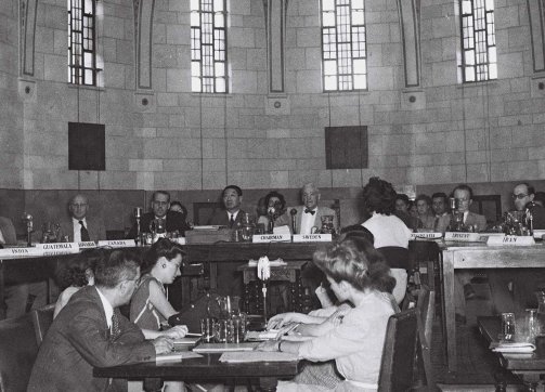 A working session of the United Nations Special Committee on Palestine, held in the Jerusalem YMCA, July 8, 1947