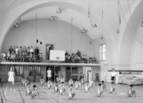 Gymnastics at the Jerusalem YMCA—boys’ drill in the gymnasium, 1934–39