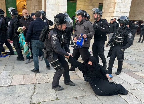 Israeli police forcibly remove Palestinian Muslim worshippers from the area of the al-Aqsa Mosque, the third holiest mosque in Islam, during Ramadan in April 2023