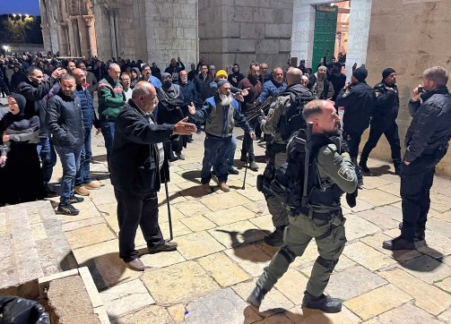 Palestinians confront Israeli security forces inside Jerusalem’s al-Aqsa Mosque compound as dawn approached on April 5, 2023, during the Muslim holy month of Ramadan.