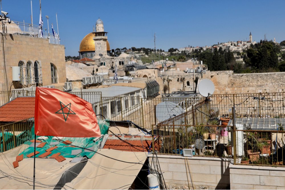 Site of the demolished Moroccan Quarter with Israeli flag, 2021