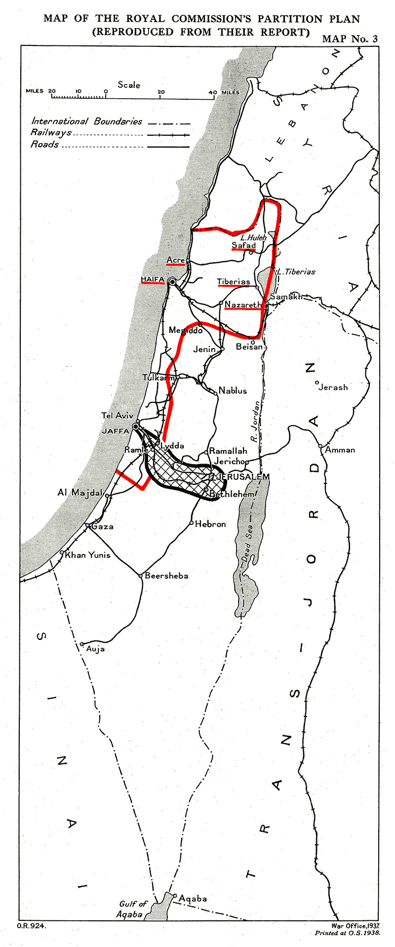 Map of the partition plan presented by the report of the Peel Commission in 1938. 