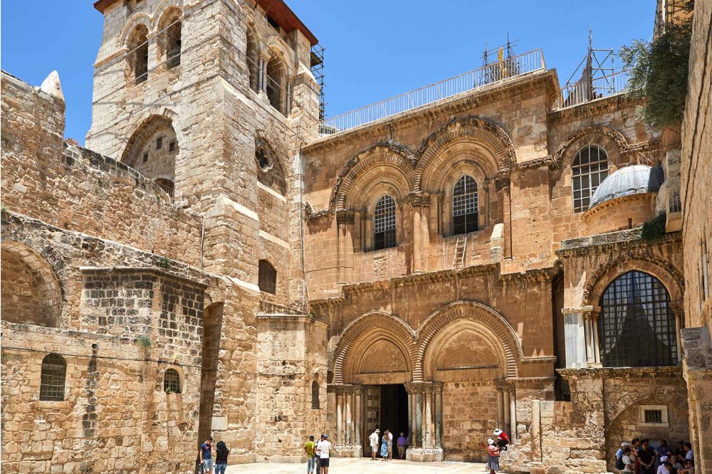 The main entrance to the Church of the Holy Sepulchre, the holiest site in Christianity, in Jerusalem’s Old City. 