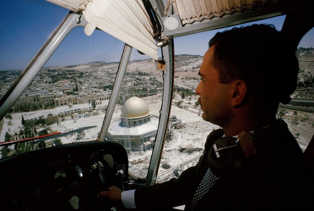 Jordan’s late king Hussein flies a plane over the Haram al-Sharif mosque compound in Jerusalem’s Old City in 1965.
