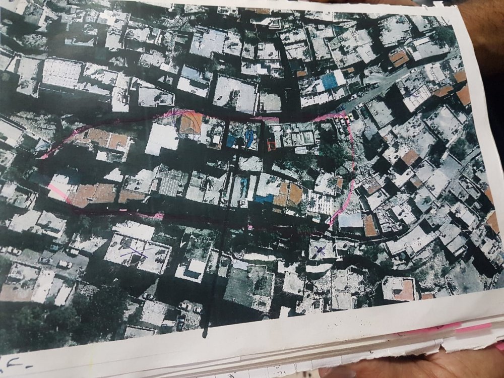 Aerial view of homes that Ateret Cohanim claims belong to a trust in its name, including Zoheir Rajabeh’s home, from a legal brief