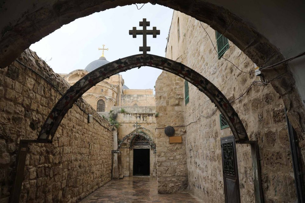 A view of Jerusalem’s Church of the Holy Sepulchre from one of its side entrances