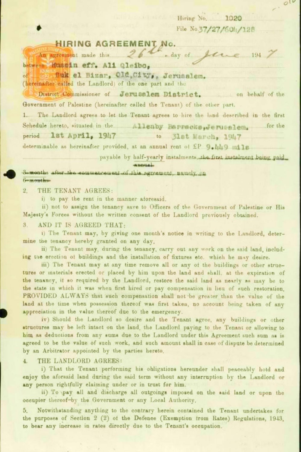 Page 1 of a June 1947 rental agreement between landowner Hussein Effendi Ali Qleibo and the British Government of Palestine
