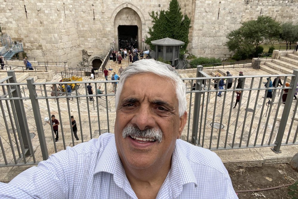 Journalist Daoud Kuttab takes a selfie near the Damascus Gate