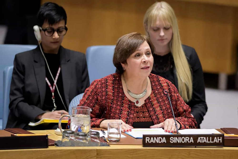 Randa Siniora, General Director of the Women's Centre for Legal Aid and Counselling, delivers a statement at the UN Security Council in NY, October 18, 2018