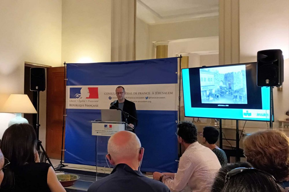 French historian Stéphane Ancel presenting during the session on Consular and Diplomatic Records at the French Consulate in Jerusalem as part of the Open Jerusalem Days symposium, June 15, 2023.