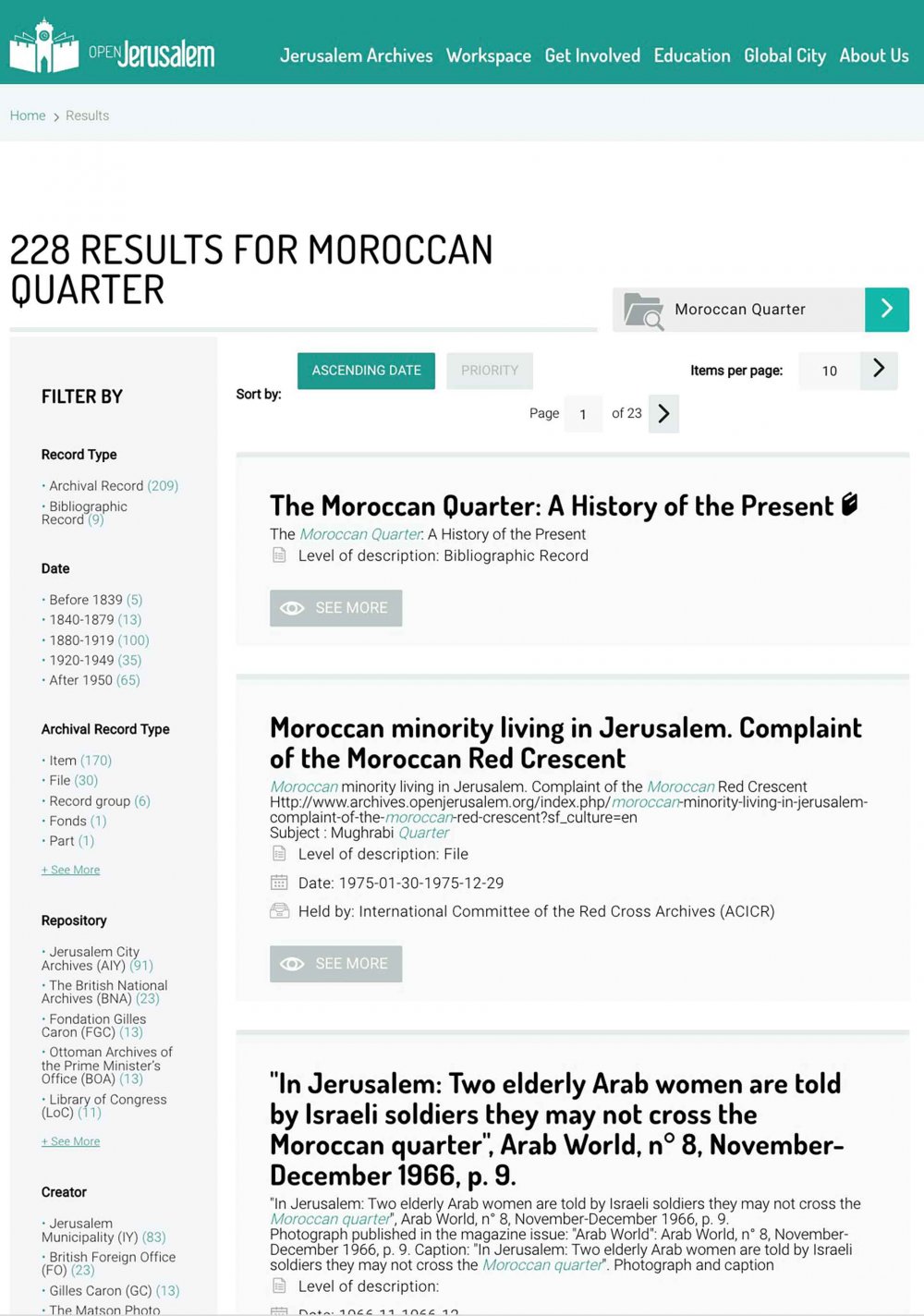 Screenshot of the results of a query on Open Jerusalem