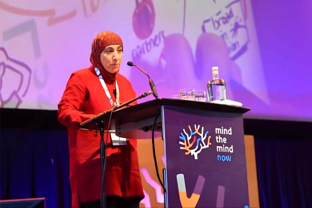 Dr. Samah Jabr, a Palestinian psychatrist, speaks at a conference 