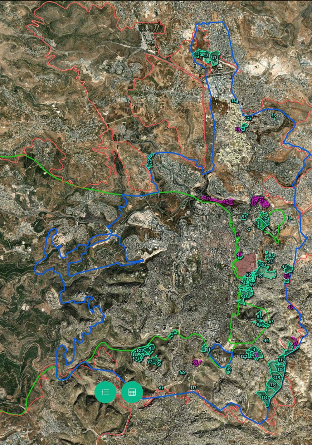A screenshot of an interactive map of the various stages which privately held land across East Jerusalem is currently at in the renewed SOLT process, developed by Bimkom—Planners for Planning Rights