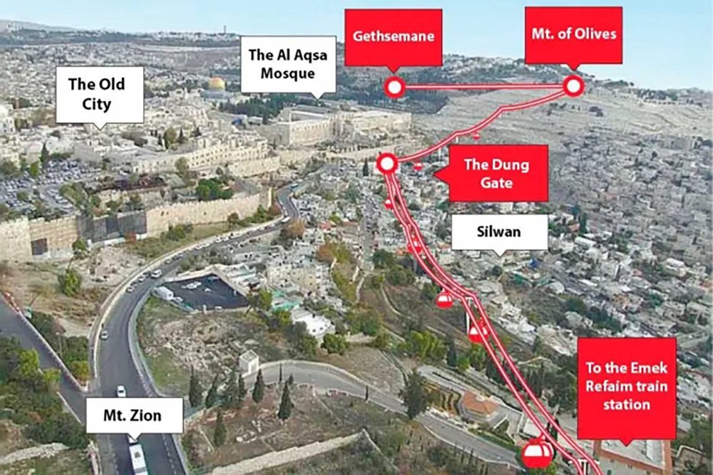 The planned route of the cable car which will connect West Jerusalem to Silwan and then the Old City in East Jerusalem.