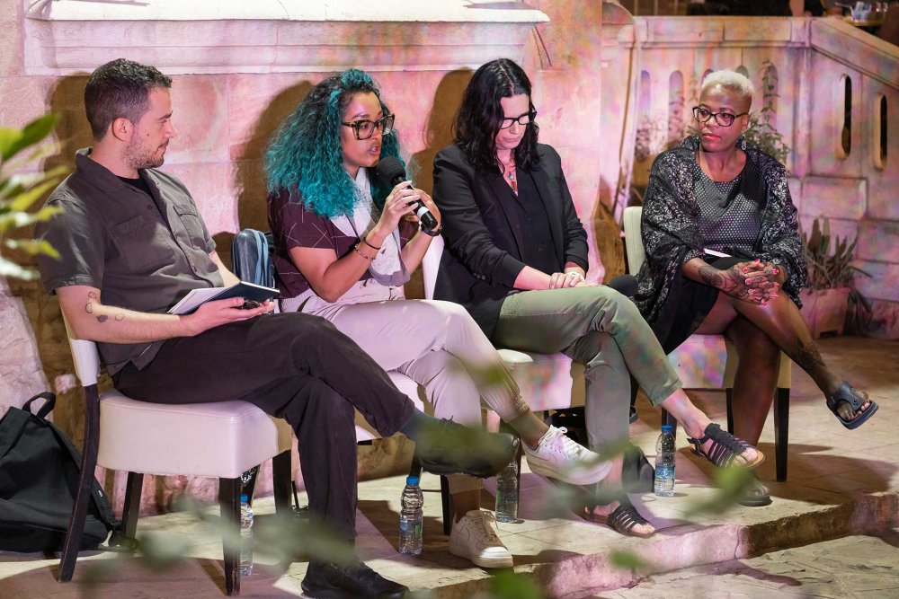Zukiswa Wanner (right) and other International writers join an evening conversation about survival, knowledge, art, and resistance in Jerusalem as part of PalFest2023 on May 21, 2023.