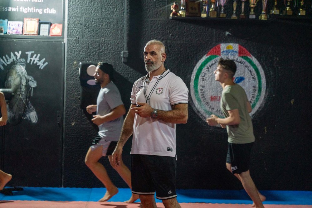 Fadi Mustafa, Palestinian national team coach for Muay Thai, in training at al-‘Isawiyya club, East Jerusalem, August 2023