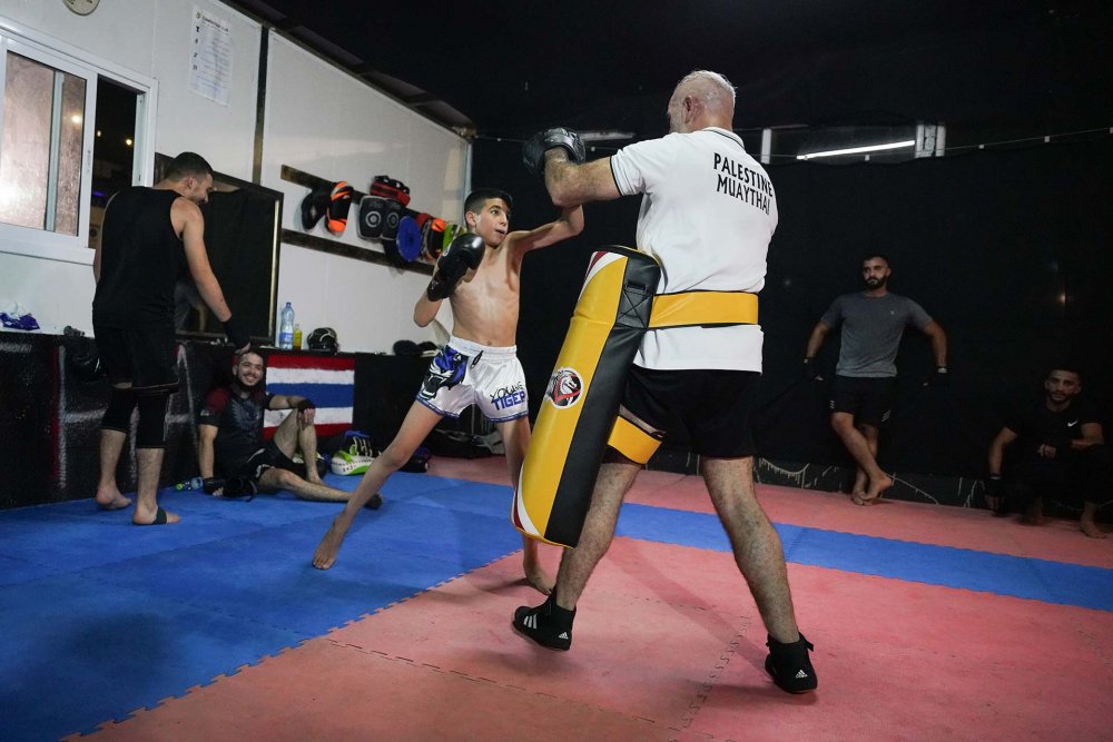 Fadi Mustafa, Palestinian national team coach for Muay Thai, in training at al-‘Isawiyya club, East Jerusalem, August 2023
