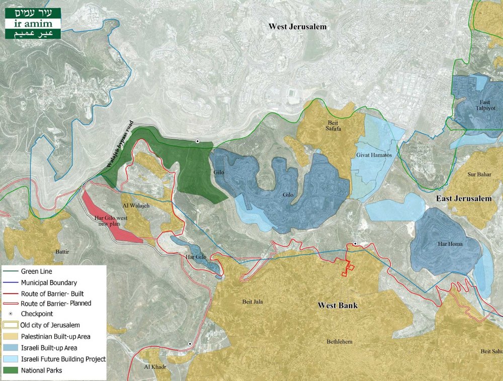 A map of the Israeli settlement of Gilo, south of Jerusalem, and its relationship to the Palestinian village of al-Walaja and the new planned pincer settlement of Har Gilo West