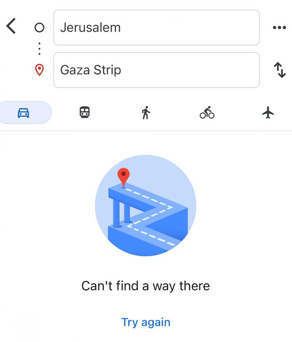 An internet search for a route between Jerusalem and Gaza yields no results, December 2023. 