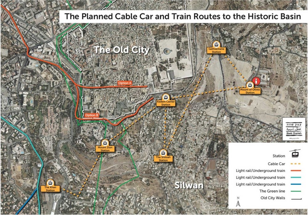Map of the routes of the cable car and train in the Holy Basin area of Jerusalem
