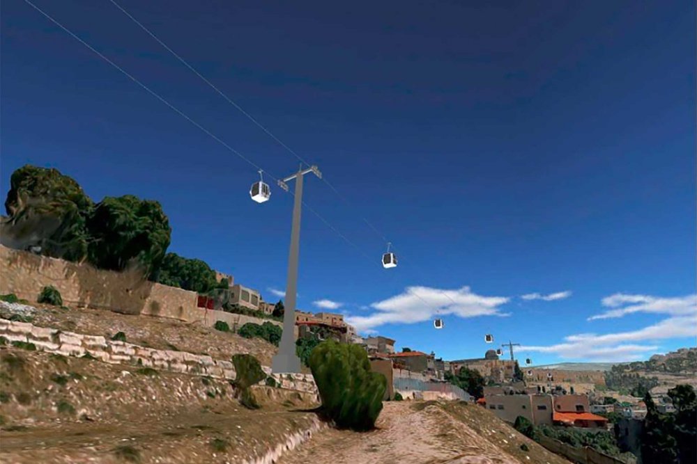 Simulation of the cable car over Wadi Rababa (Hinnom Valley) in Silwan, East Jerusalem