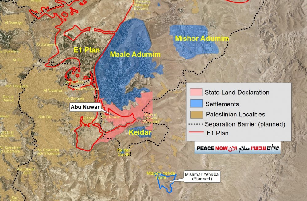 E1 plan map showing Abu Dis and al-‘Izariyya, the community of Abu Nuwar, and the Israeli settlement Ma‘ale Adumim 