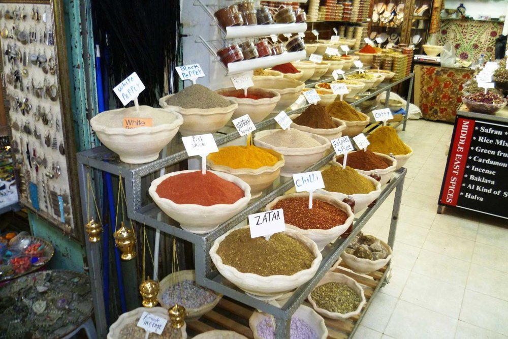Colorful spices in the entrance of a shop in Jerusalem’s Old City.