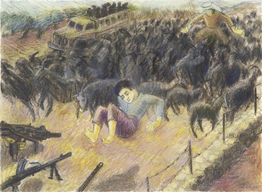 Samia Halaby is one of several Palestinian artists who depicted the Kufr Qaasem  massacre of 1956, in Israel. 