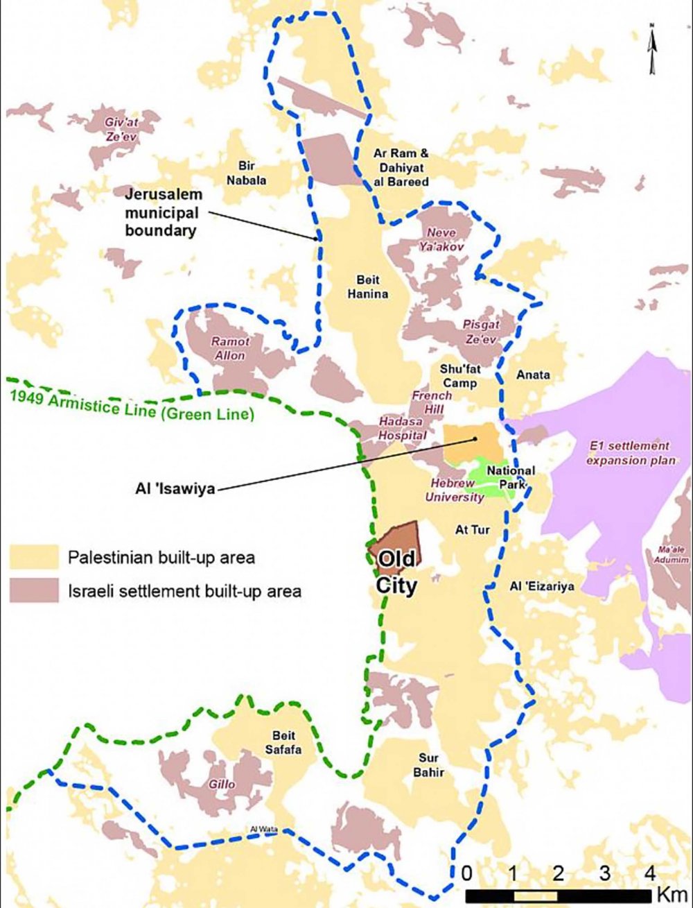 A map showing the city’s proposed national park in green in relation to al-‘Isawiyya, al-Tur, and East Jerusalem as a whole