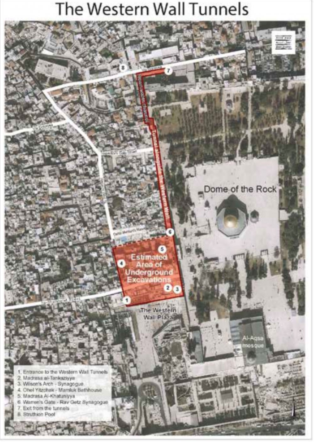 Map of Israel’s Western Wall tunnels: the excavation area and the overground parts affected, including the Haram al-Sharif