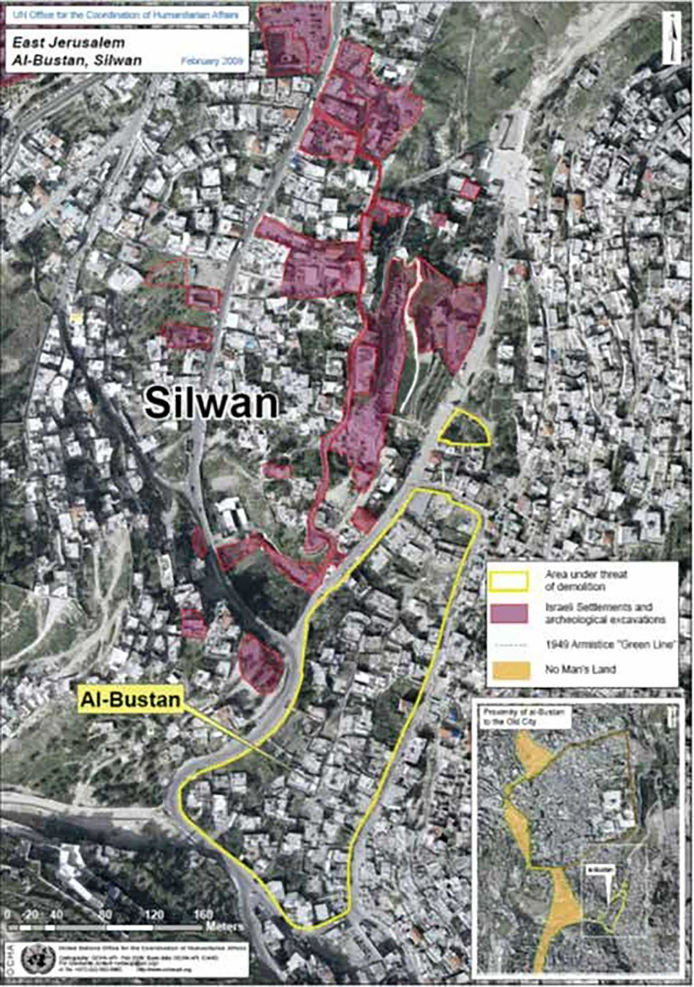 A map of al-Bustan neighborhood and the rest of Silwan neighborhoods showing the settlers’ control