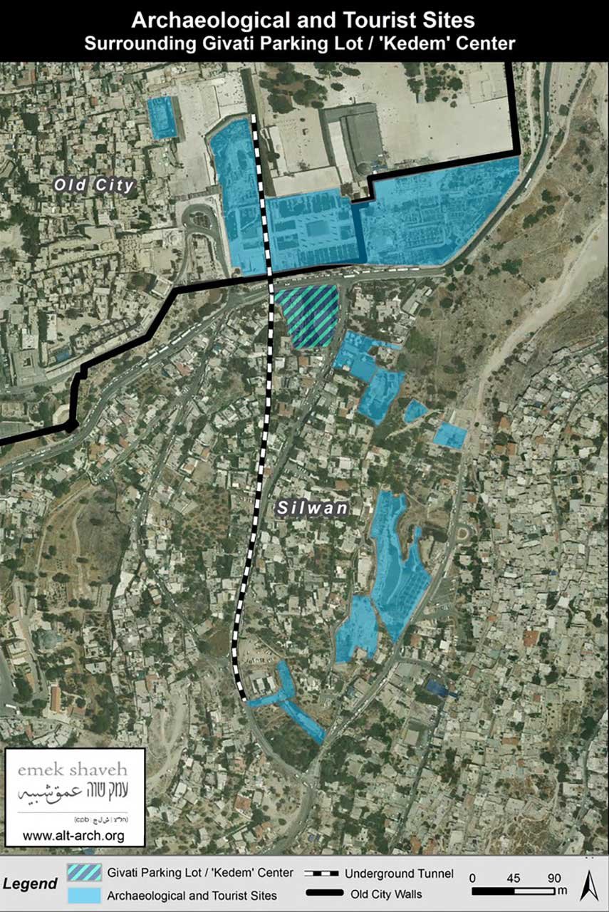 Aerial photo showing Israeli archeological excavations in Wadi Hilweh, Silwan, East Jerusalem