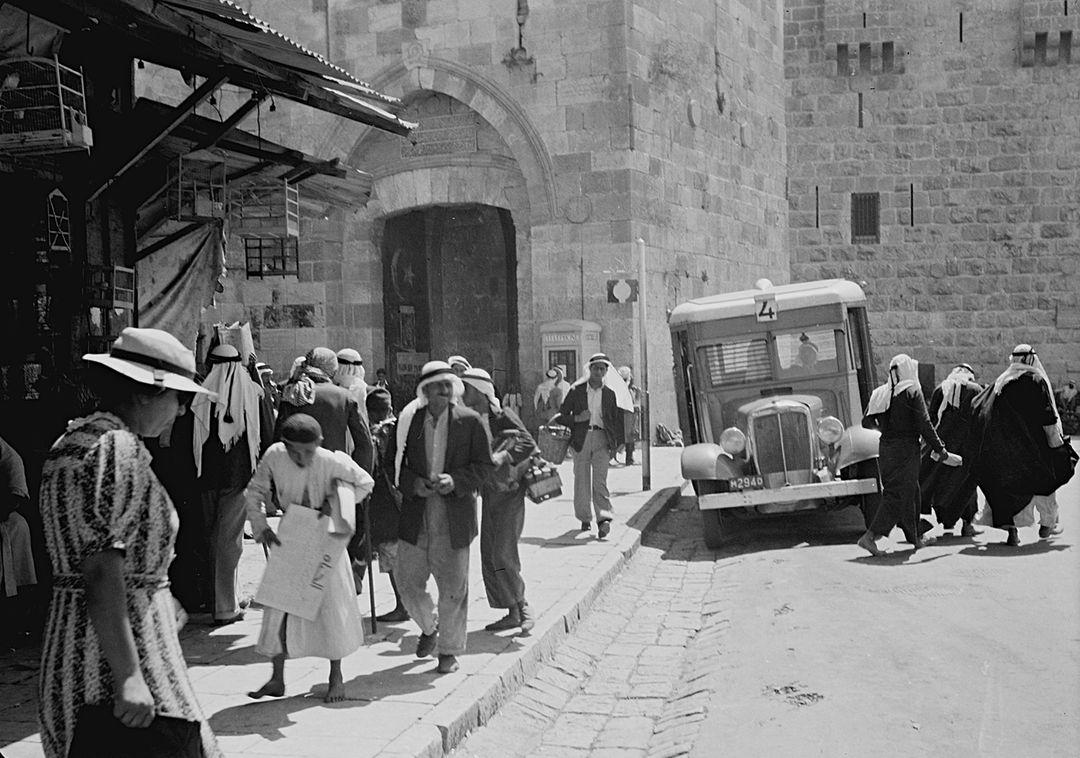 The Number 4 bus, which shuttled between Jerusalem's Old City and Qatamon, shown here near Jaffa Gate in 1936