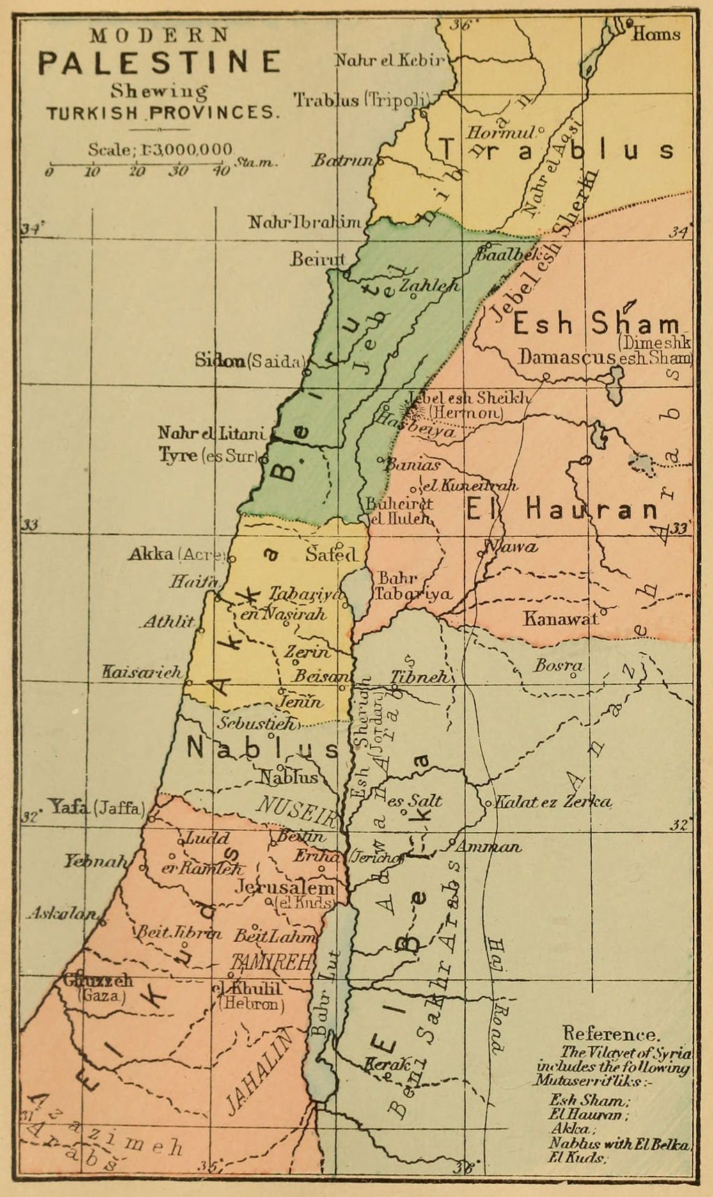 A map of Palestine showing the Ottoman provinces with Jerusalem marked El Kuds