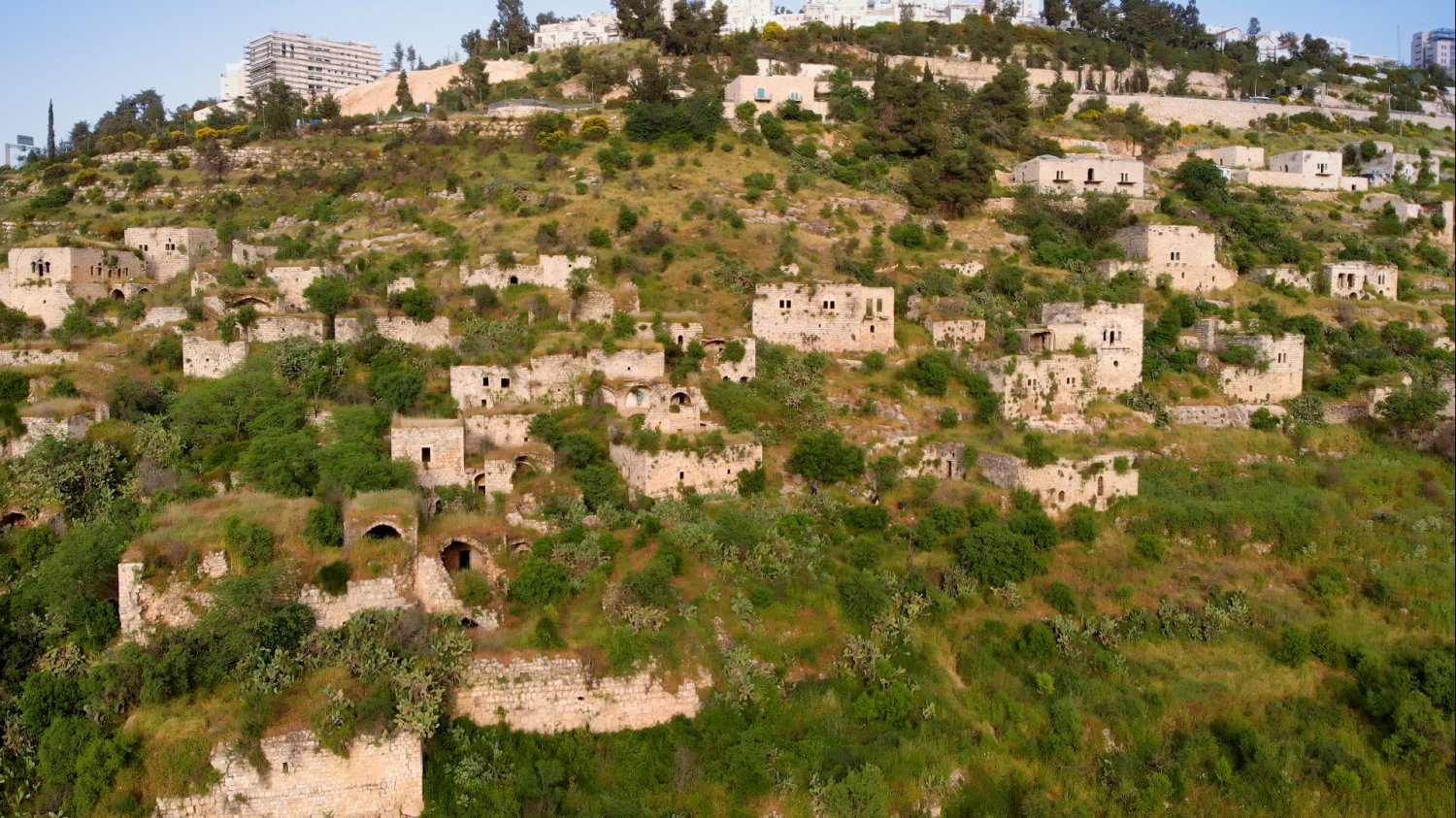 A hillside view of the remaining archeological and cultural heritage of Lifta with a modern highrise in the background