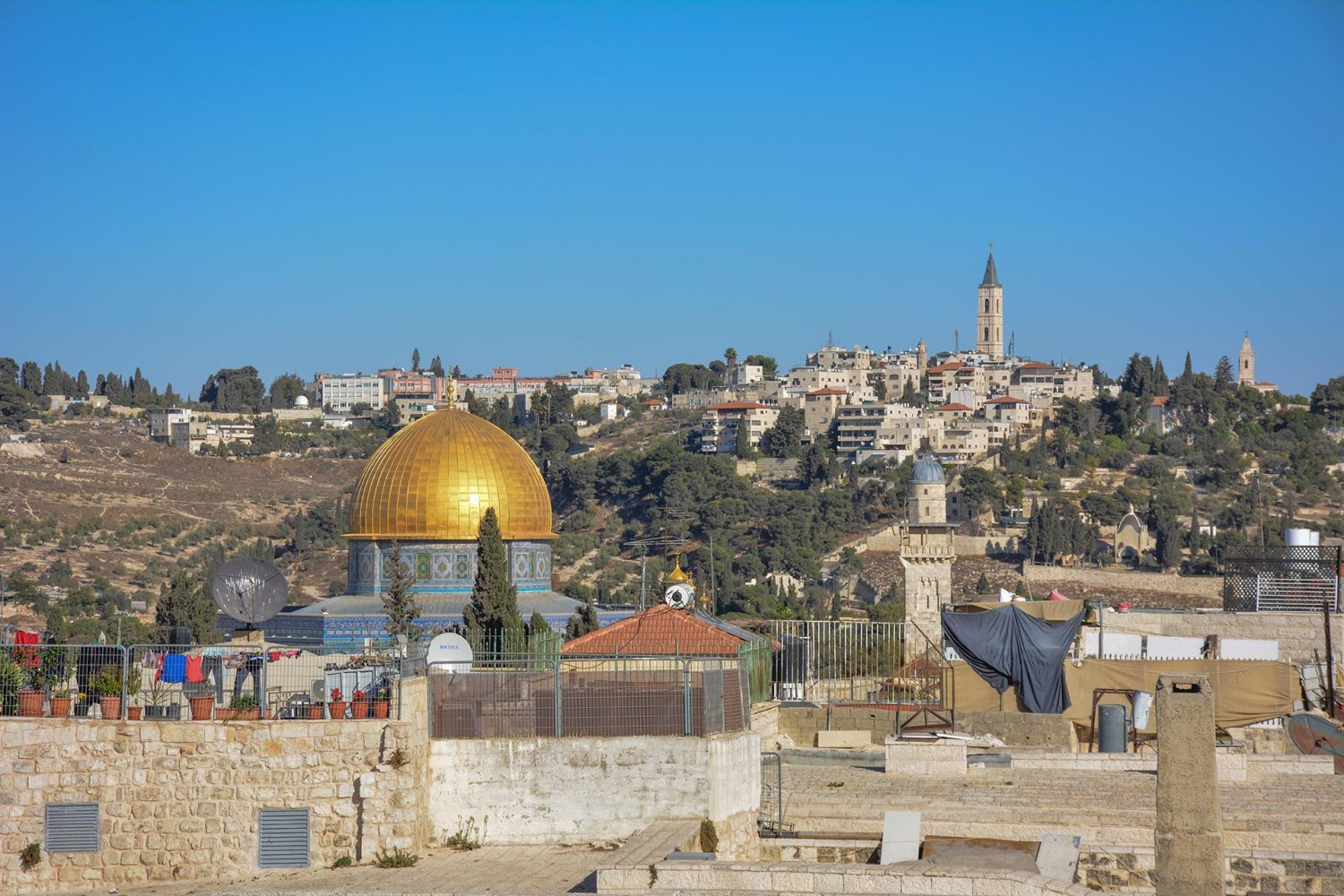 A Jerusalem vista from the roof of Souk Khan al-Zeit in the Old City of Jerusalem, 2021