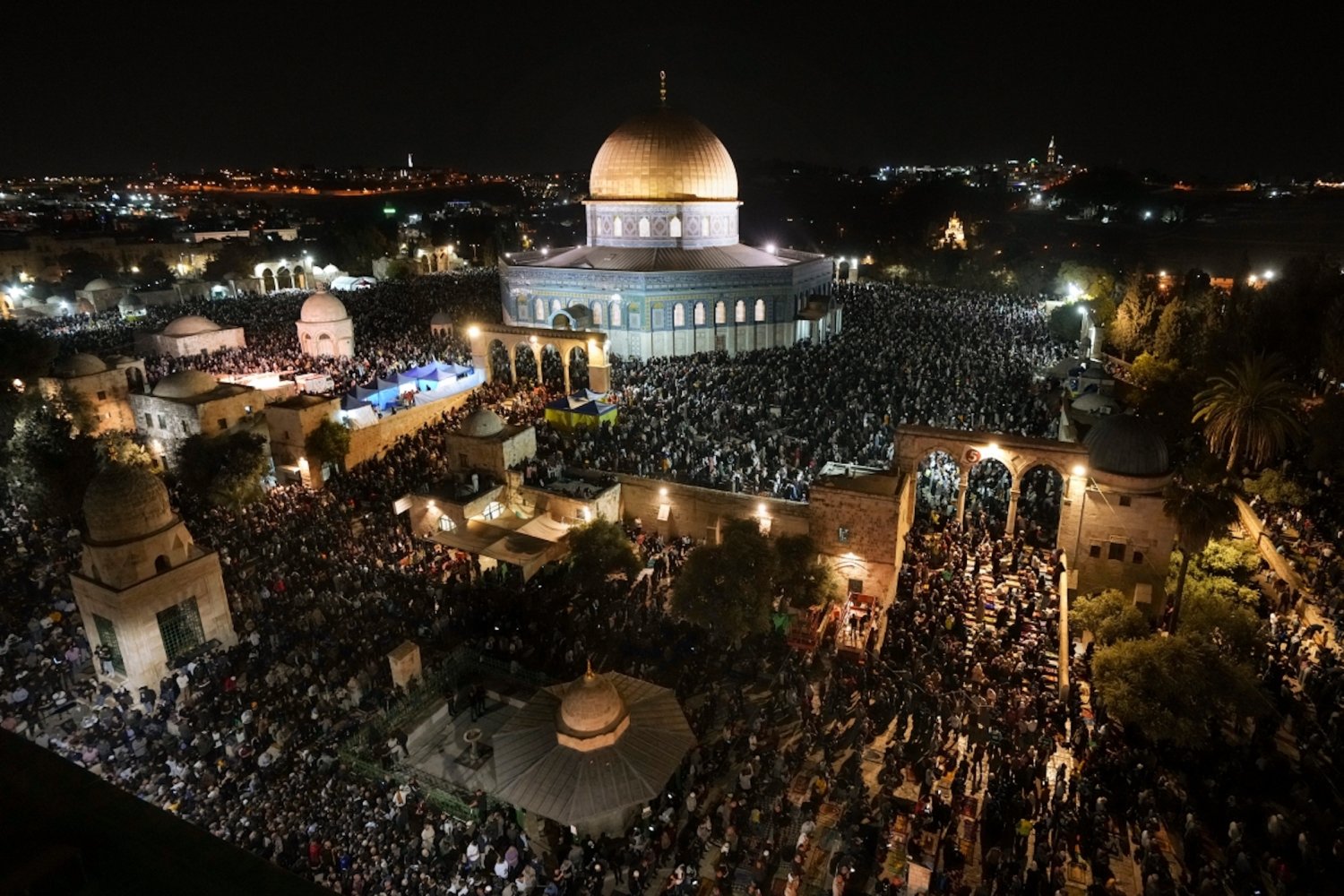 Worshippers pray at the al-Aqsa Mosque compound on Laylat al-Qadr (the Night of Power) during Ramadan 2022