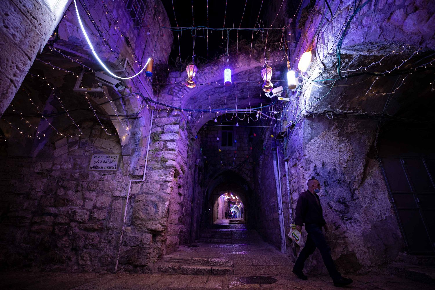 Al-Ma’dhana al-Hamra Street in the Old City of Jerusalem decorated with Ramadan lights in 2022