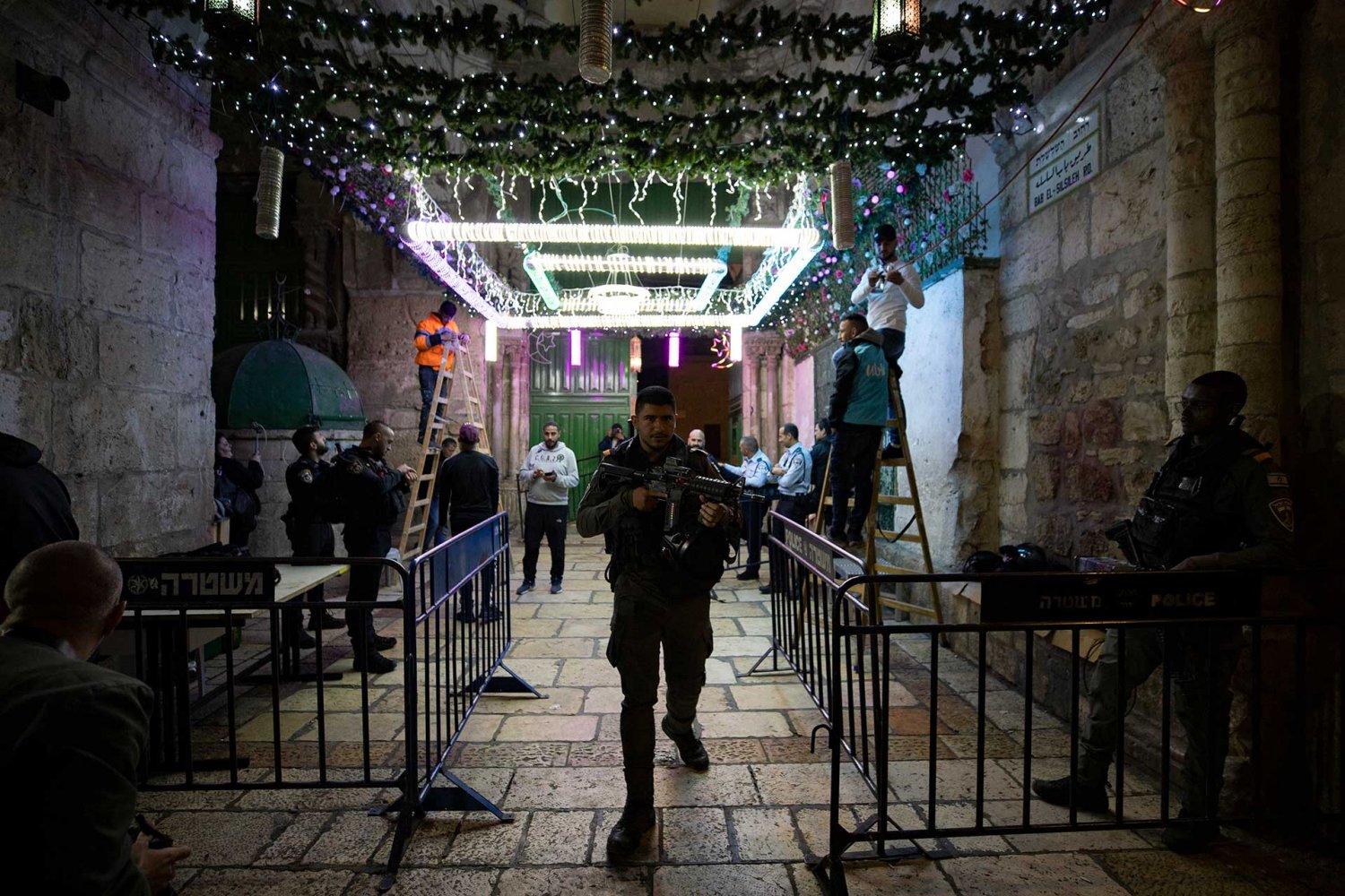Ramadan decorations and soldier in the Old City of Jerusalem